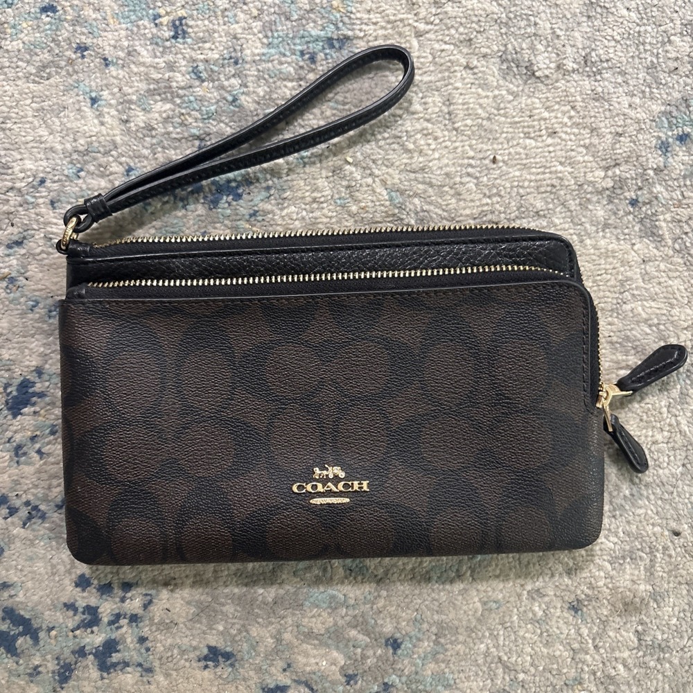 Coach Double Zip Wristlet Signature Canvas/Leather Brown Wallet Clutch